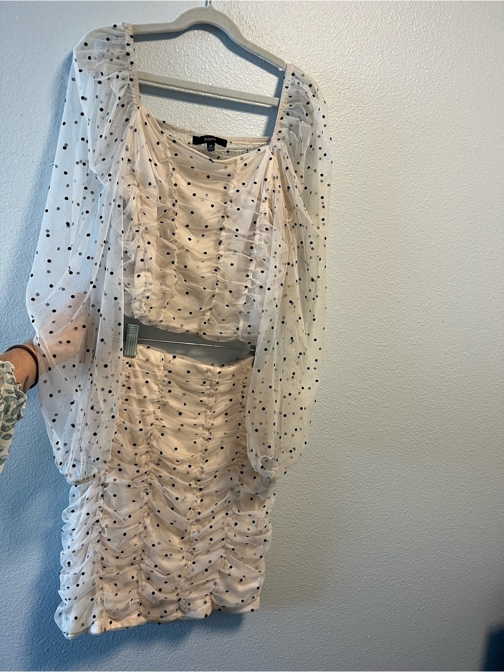 Cream Black Polka Dot Ruched Mesh 2 Pc Set By Blāshe